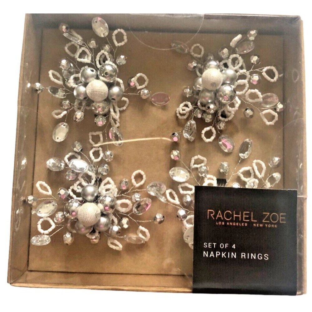 Rachel Zoe Beaded Napkin Rings Set of 4 Rhinestone Silver White 4" Wired Crystal
